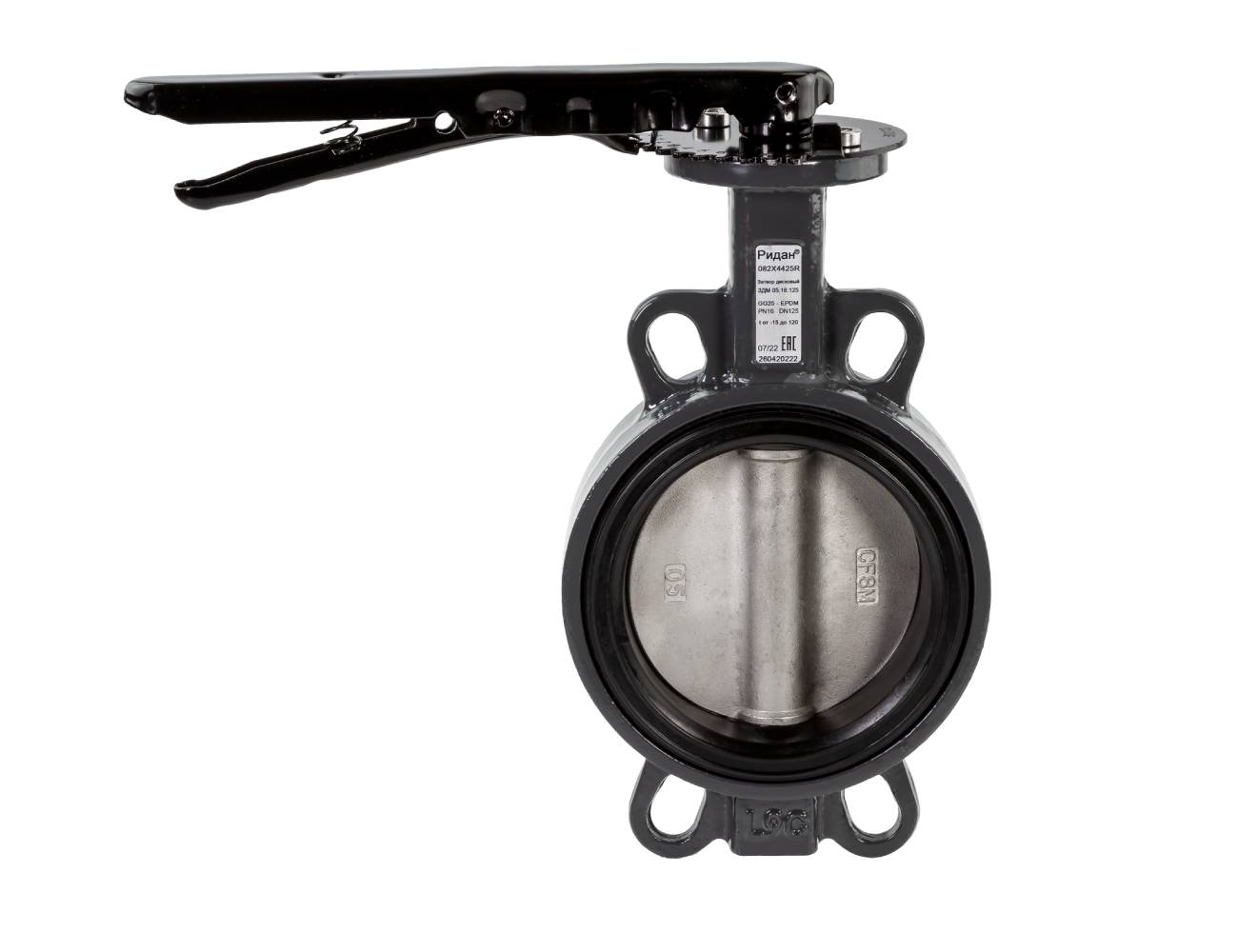 Ридан 082X4928R — Затвор дисковый с центрирующими проушинами ЗДМ PN25 DN250 корпус чугун GGG40; диск нержавеющая сталь 316; уплотнение EPDM; рукоятка