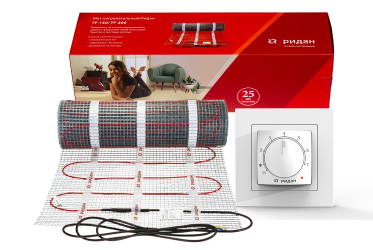 Ridan 21RT1025R — Розничный комплект для теплого пола: нагревательный мат Ridan TF-150 7 м² с терморегулятором Ridan Twist (черный)