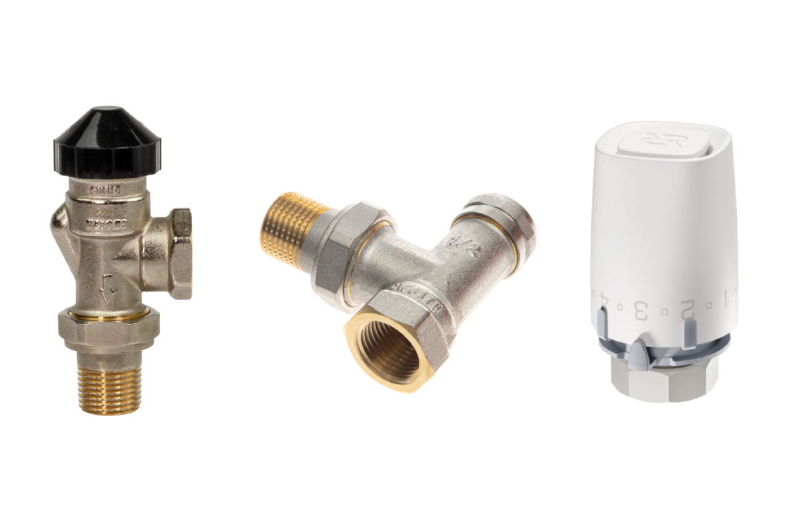 Комплект для двухтрубной системы отопления для радиаторов или конвекторов отопления с боковым подключением: клапан терморегулирующий 013G7048R (Ду15, угловой) + клапан запорный 003L0143R (Ду15, угловой) + термостатический элемент 003G9001R (присоединение
